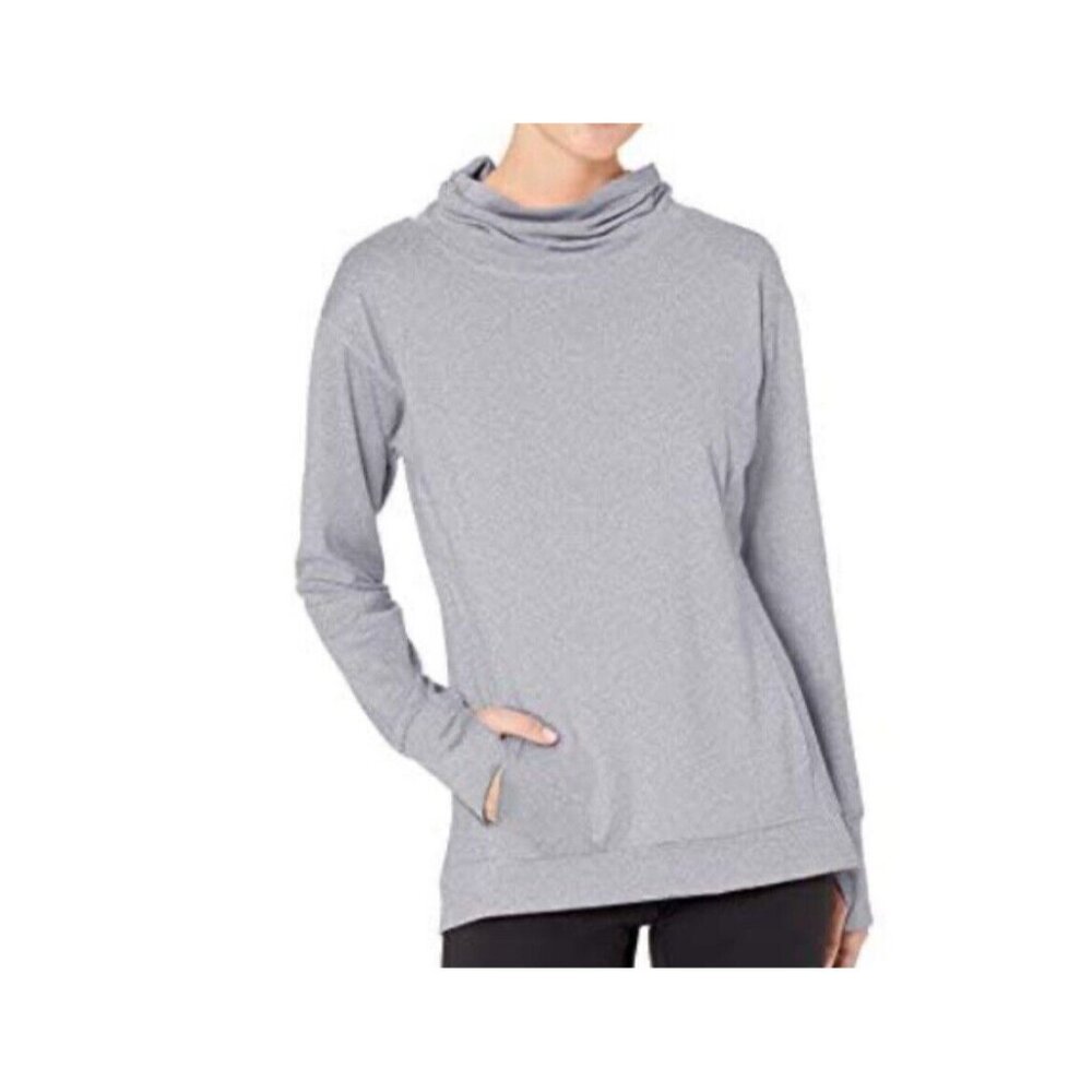 Danskin Cowl Neck Performance Pullover Top Sz L Thumb Hole Gray Blue‎ Striped